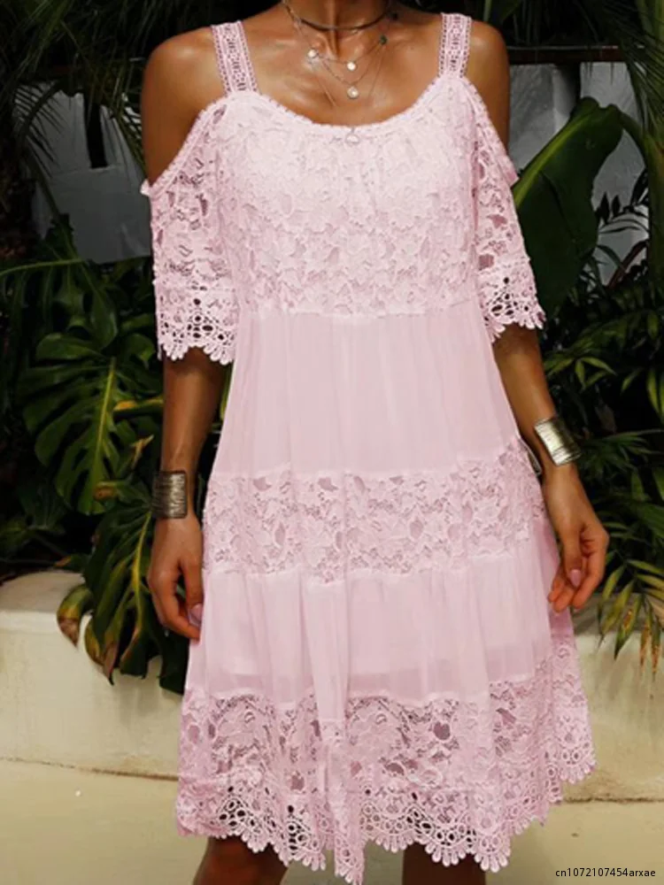 

Женский пляжный сарафан на бретельках, повседневное свободное платье в винтажном стиле с открытыми плечами и кружевными вставками, лето 2019