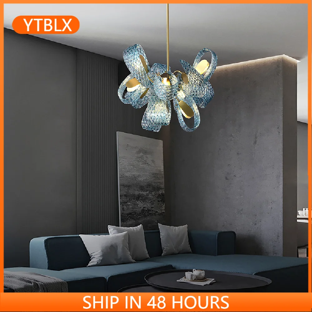 

Flower Shaped Glass Modern Suspension Light Fixture LED Hanging Lamp Lustre Blue Gold Chandelier Luxury Home Decor
