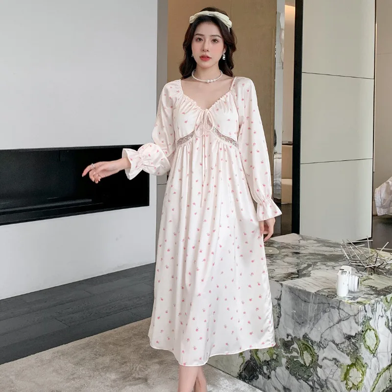 Sleeping Dress Women 2023 New Summer Ice Silk Long Sleeve Large Slim Sleepwear Fairy Home Fur