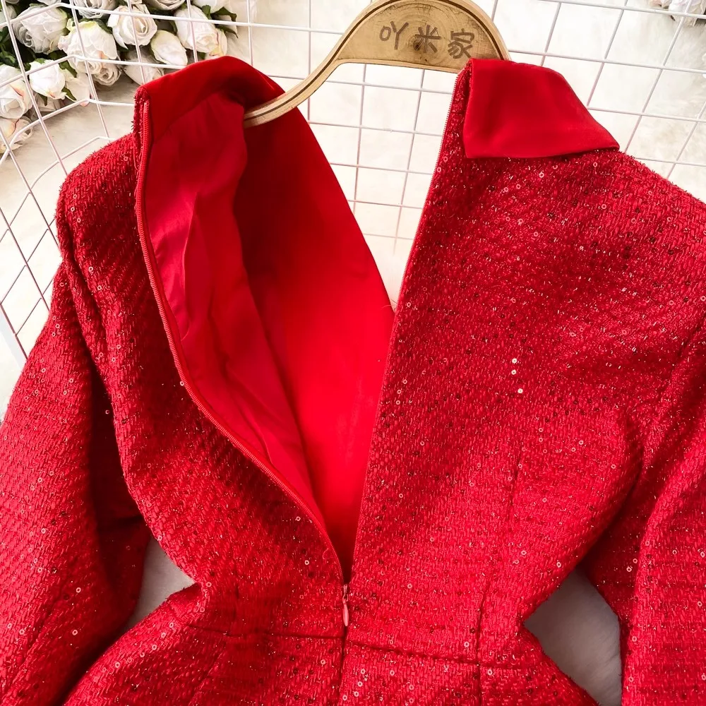 Женское двубортное платье с V-образным вырезом и длинным рукавом