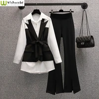 fat sister temperament professional suit spring and autumn new 2022 large slim shirt micro flare pants two piece womens suit