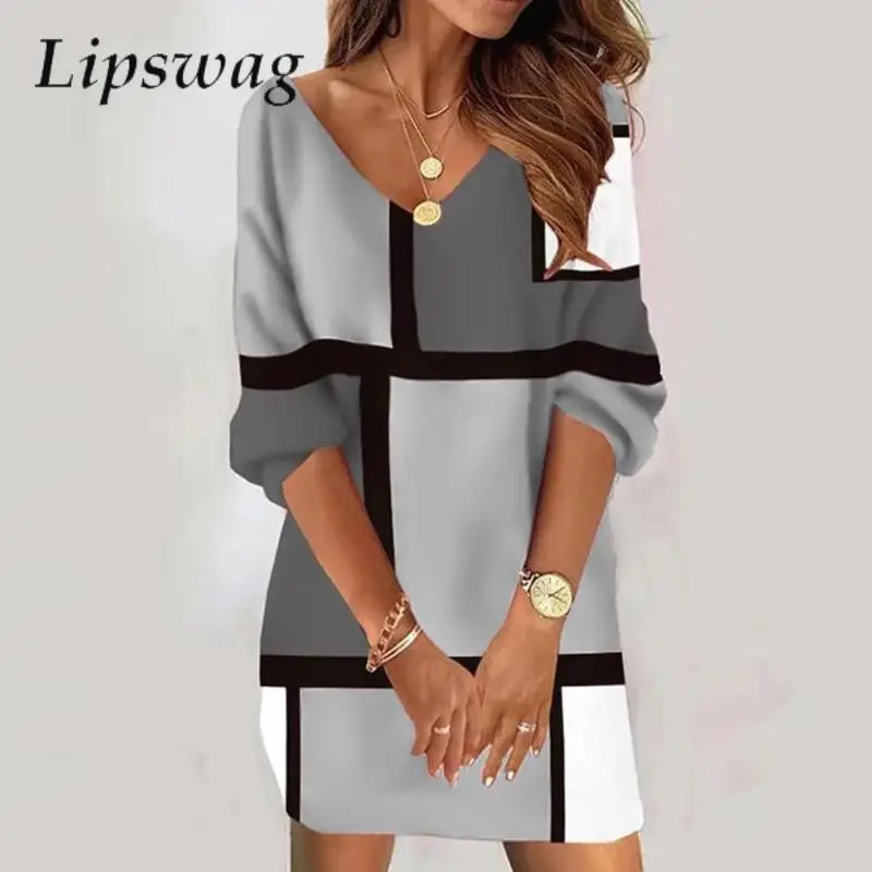 

Осеннее повседневное модное свободное платье-пуловер, женское винтажное мини-платье с цветным блочным принтом, женское новое платье с длинным рукавом и V-образным вырезом