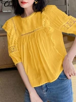 2022 summer holiday tunic fashion hollow out blouses celmia elegant lace stitching o neck shirts women half sleeve pleats tops