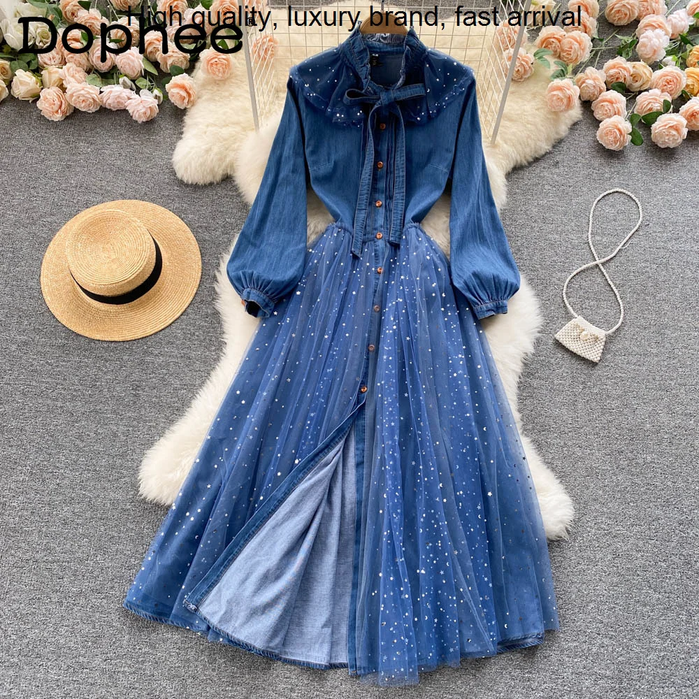 

Женское джинсовое платье с оборками, элегантное свободное элегантное изящное платье макси из денима с воротником-стойкой и длинным рукавом...