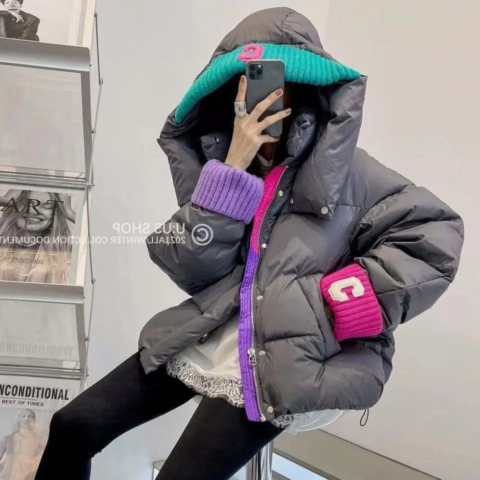 

Down padded jacket women's knitted sleeve bag winter hooded short cotton jacket