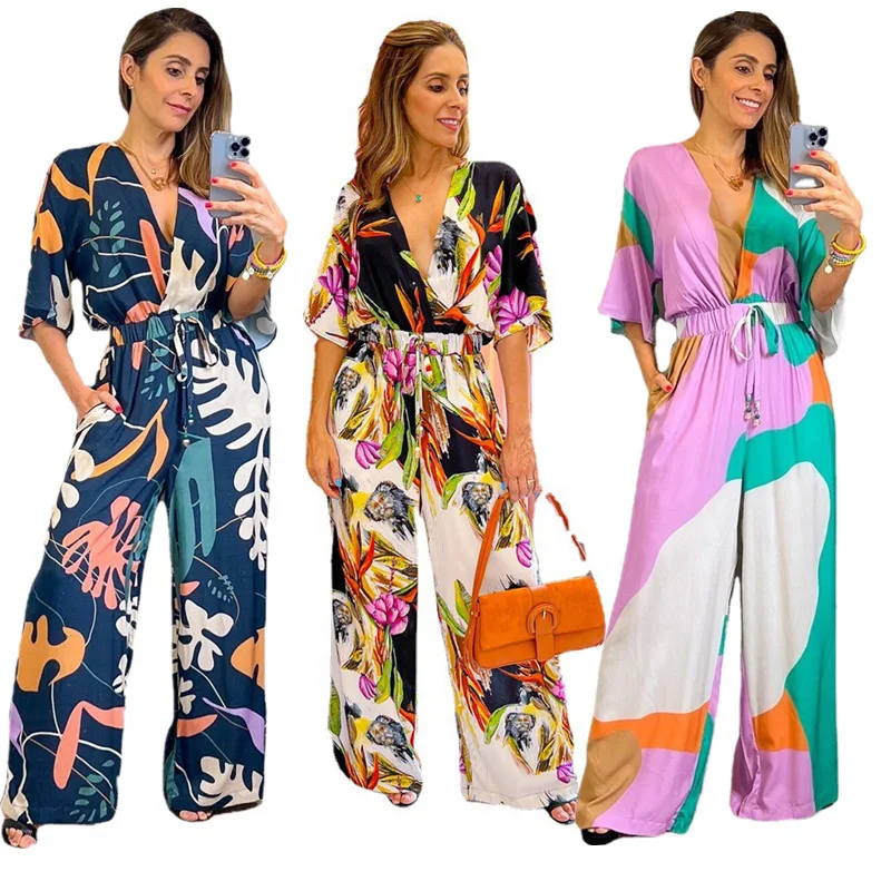 

Summer Lady Printing Holidays Loose Jumpsuit New Deep V Neck Half Sleeves High Waist Casual Wide Leg Pants Rompers 2022
