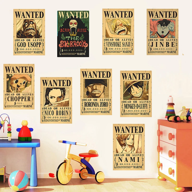 

1Piece Action Figure Wanted Poster Craft Print Wall Sticker Vintage Movie Playbill Luffy Stickers Wallpaper Posters Prints