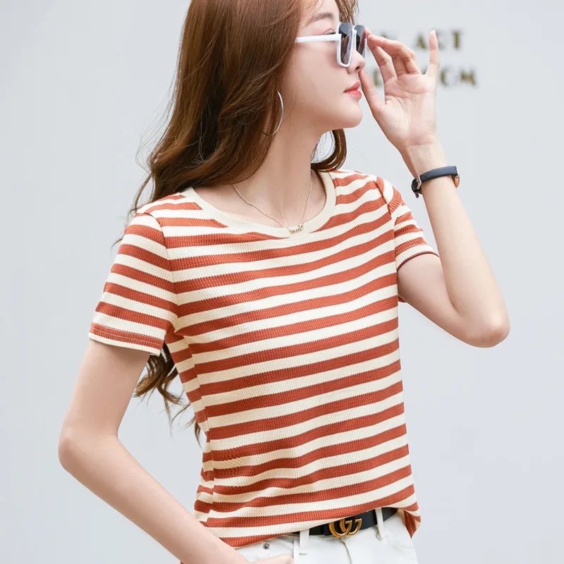 #0203 летняя полосатая футболка женская короткая с круглым вырезом коротким