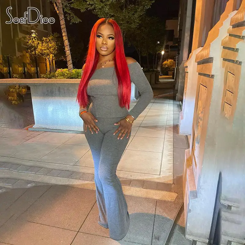 

Soefdioo Knitted Ribbed Two Piece Set Women Long Sleeve Off Shoulder Irregular Tops and Flare Pants Matched 2023 Fall Streetwear
