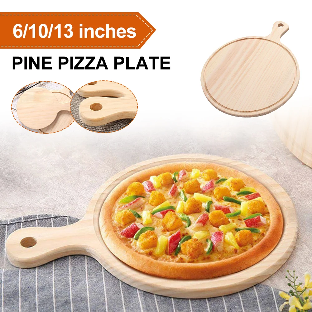 

6/10/13 Inch Wooden Round Pizza Plate Pizza Baking Tray With Hand Food Tray Pizza Cutting Board Kitchen Pizza Cake Baking Tool