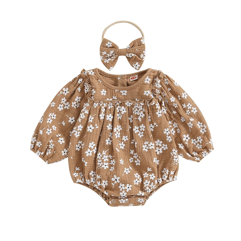 

Повседневный Комбинезон для маленьких девочек с круглым вырезом, с длинным рукавом и цветочным принтом, одежда принцессы с повязкой на голову