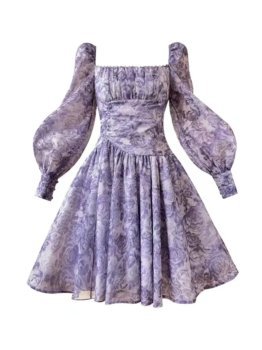 

Женское платье с квадратным вырезом, элегантное Плиссированное пляжное платье во французском стиле с принтом и рукавами-фонариками, лето 2023