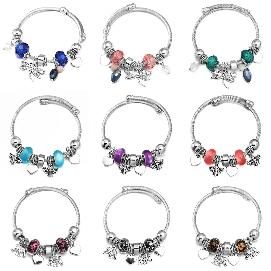 

Beaded Stainless Steel Bracelets Accessories Bracelet Women Dragonfly Bee Butterfly Owl Elephant Pendant Jewelry Gift