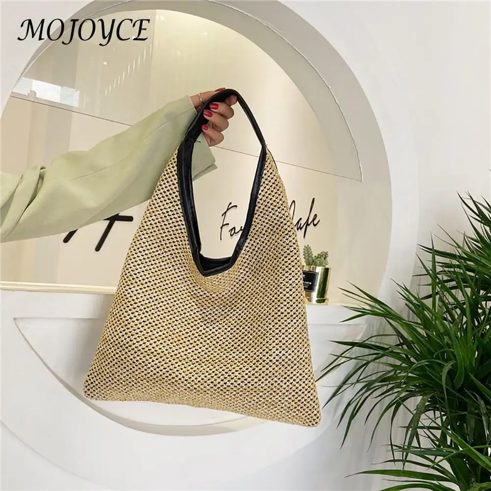 

Women Straw Shoulder Bag Summer Beach Portable Female Hand-Woven Large Capacity Totes PU Leather Casual Holiday Handbag for Girl