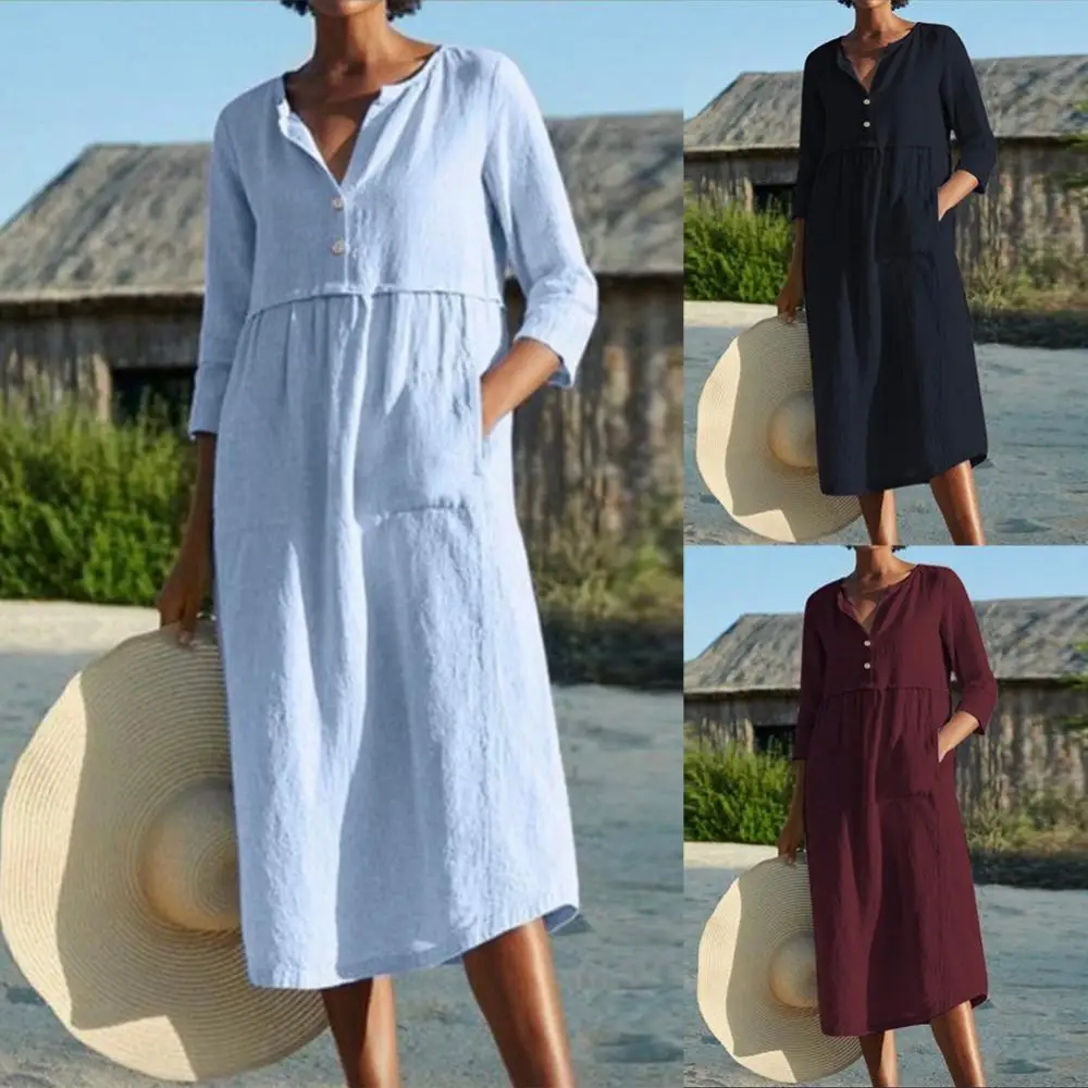 

Women Solid Color Half Sleeve Pockets Buttons Cotton Linen Loose Midi Dress