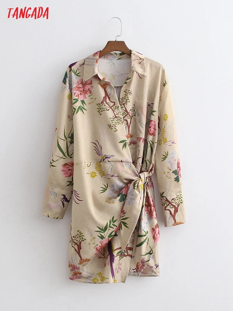

Tangada 2021 Fashion Women Flowers Print Shirt Dress with Bow Vintage Long Sleeve Sexy Ladies Mini Dress 1D395