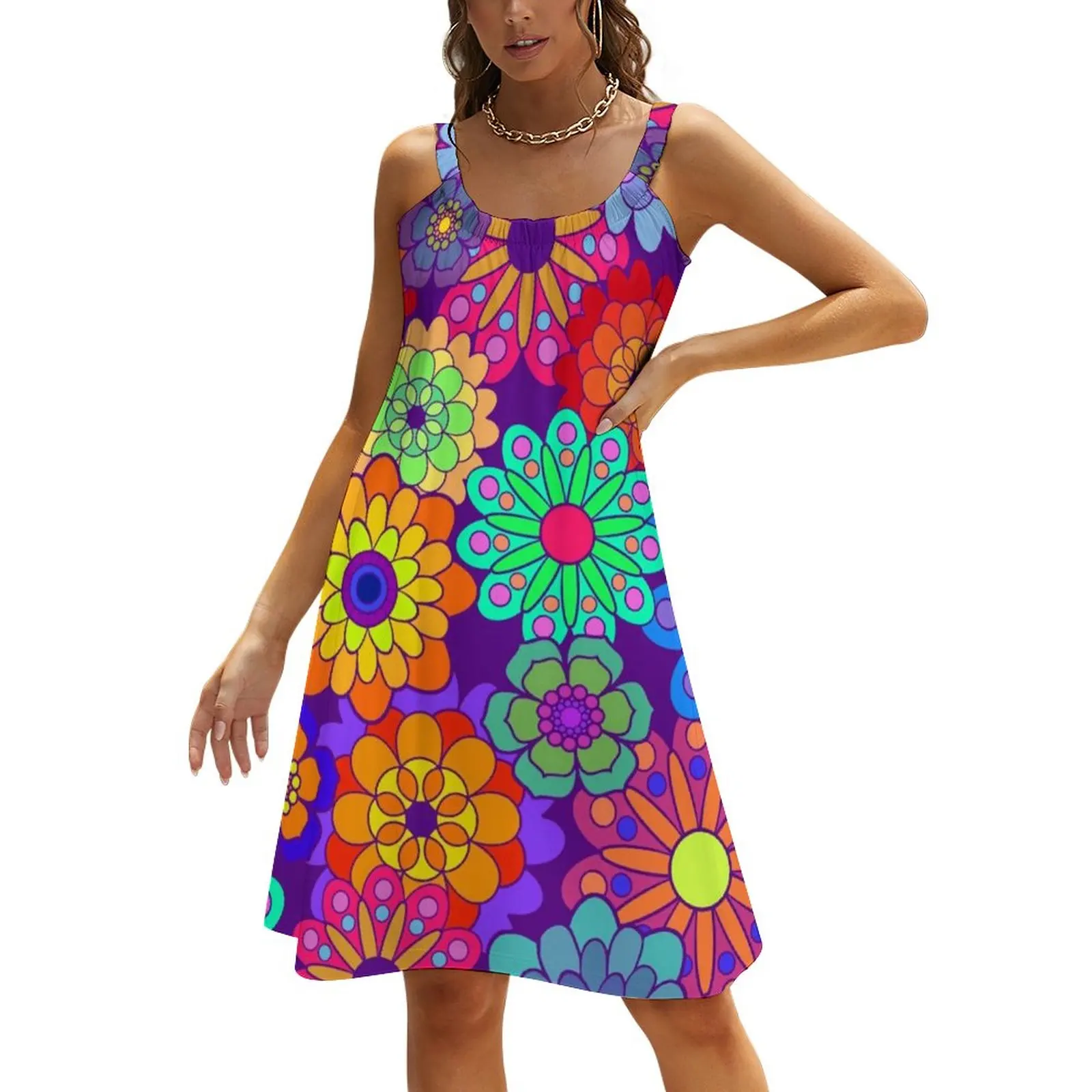 Фото Яркий цветочный мощный платье ретро хиппи цветы Сексуальные Платья Летние