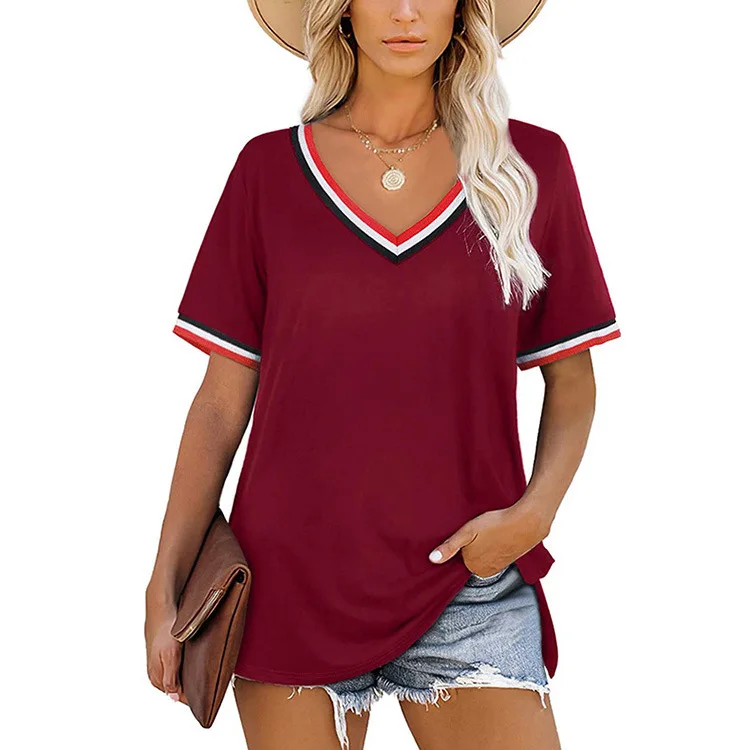Summer Women's Tops 2023 Fashion New V-neck Striped Stitching Short-sleeved Casual T-shirt Female