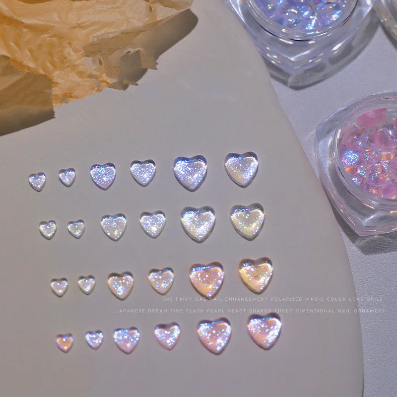 

50pcs Aurora Heart Shape Nail Charms Diamond Mixed Size Resin Love Jewelry DIY Nails Art Accessories 3D Crystal Manicure Decorat