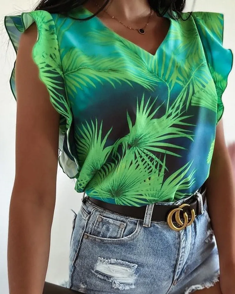 

Майка женская с треугольным вырезом, топ с тропическим принтом и оборками, Повседневная модная майка без рукавов, весна-лето