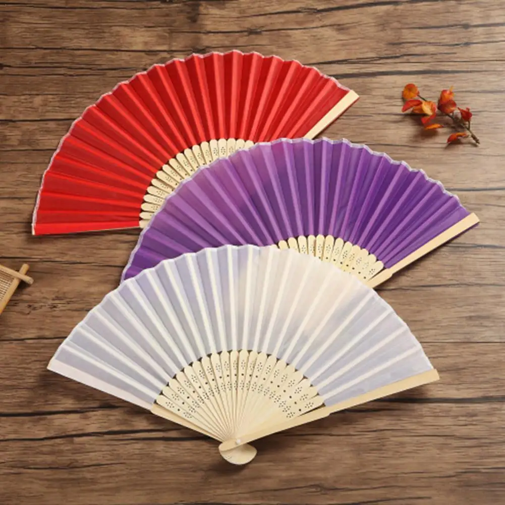 

7 Inch Silk Hand Fan Solid Color Elegant Folding Bamboo Wedding Fan Dancing Prom Women A4D7