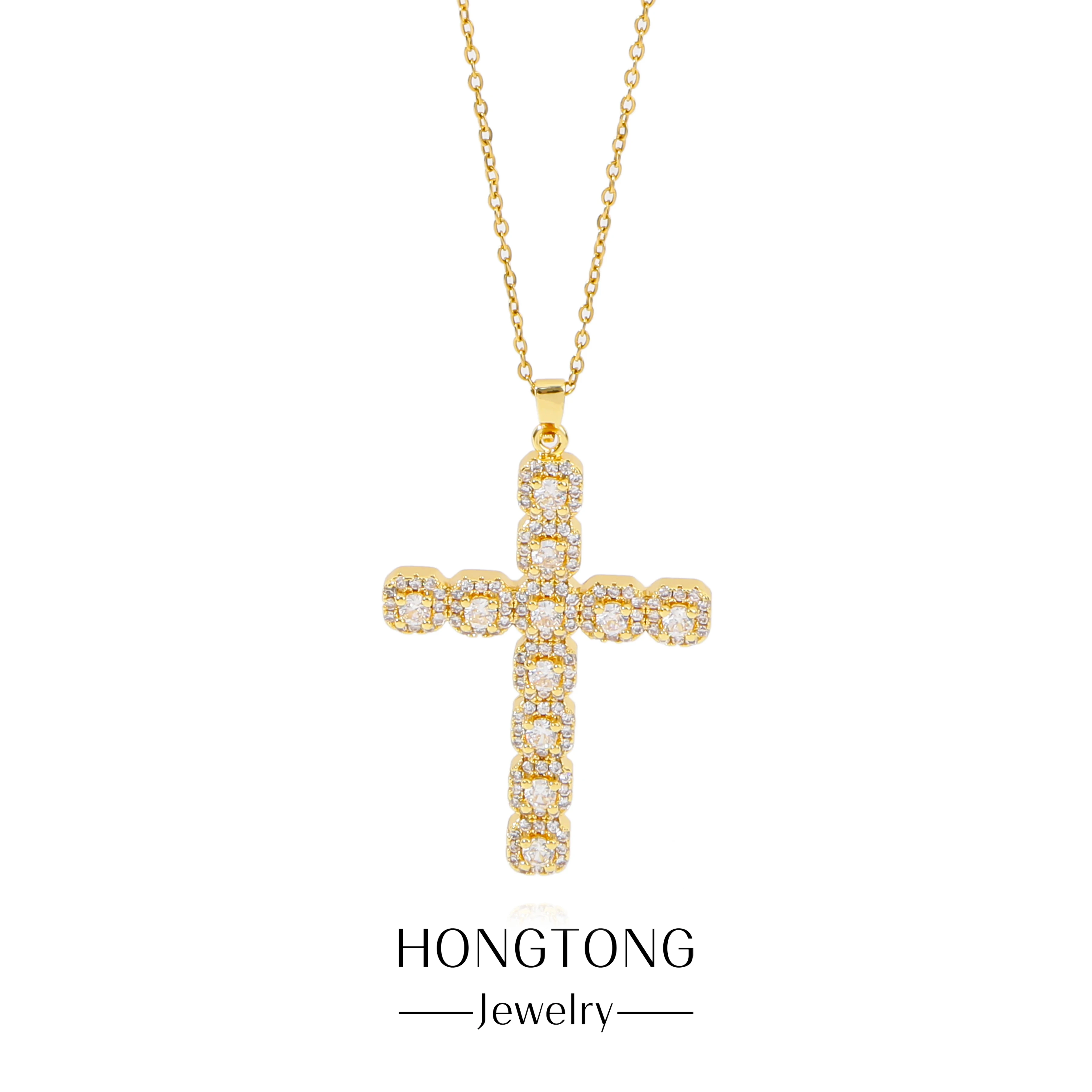 

HONGTONG New Exquisite Religious Cross Pendant Female Monochromatic Zircon Stainless Necklace Prayer Amulet Collarbone Chain