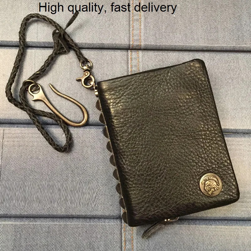 

rivet chain Fashion Genuine Leather wallet leather men's wallet short zip around male purse money clips skull money bag Black