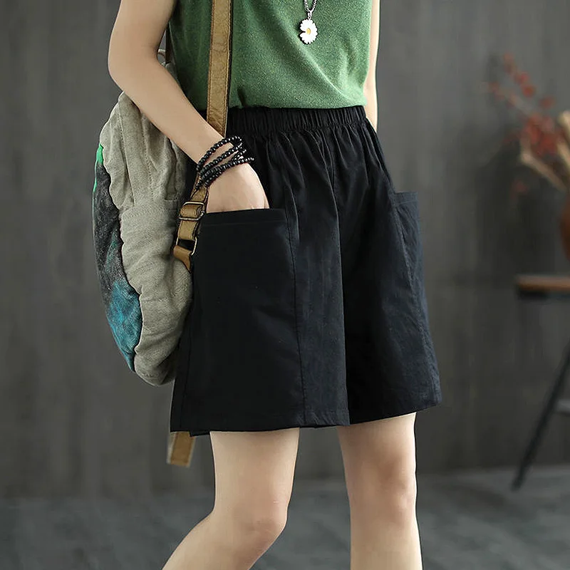 Women Casual Straight Pant Wide Leg Elastic Waist Solid Color Big Pockets Baggy Shorts Soft Loose Basic Fashion