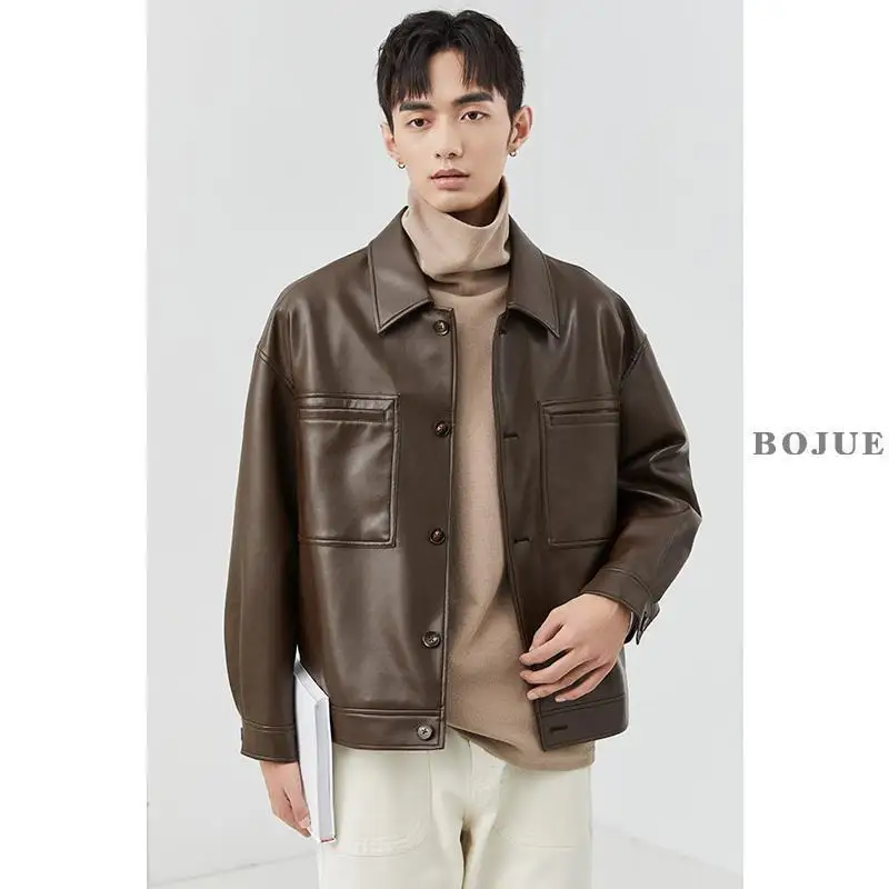 Men's Leather Jacket Design Collar Coat Men Casual Motorcycle Leather Coat Mens Jackets Windbreaker Coats