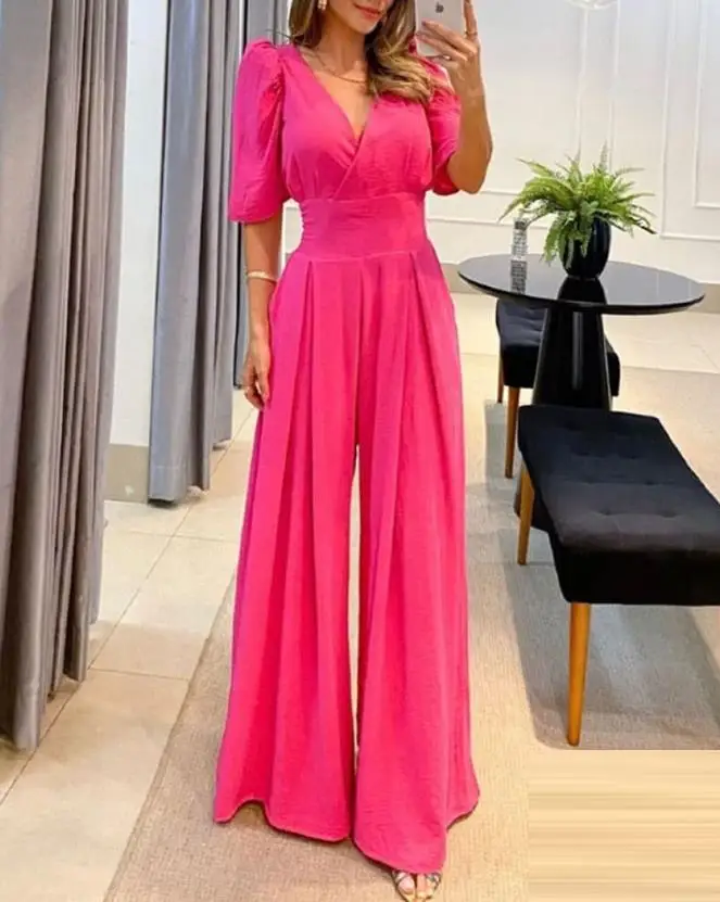 

Elegant Women's Jumpsuit 2023 New Fashion Daily Style Commuter V-Neck Solid Puff Sleeve Wide Leg Flared Wide Leg Pants Jumpsuit