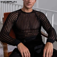 incerun tops 2022 american style new mens camiseta see through breathable mesh striped raglan sleeve round neck t shirts s 5xl