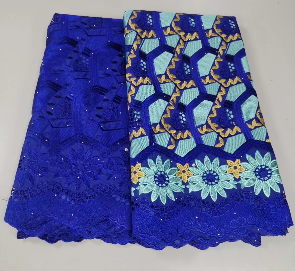 2.5+2.5 Yard Royal Blue African Dry Cotton Lace Fabric 2022 High Quality Swiss Voile Lace With Scarf For Party Party KYC22140