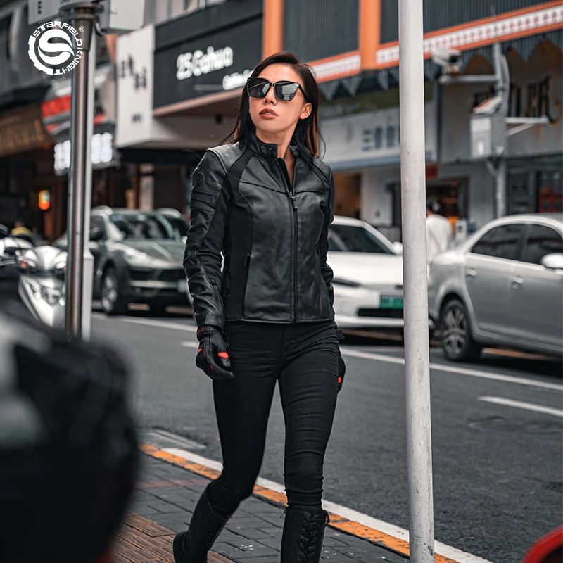 SFK Winter Warm Motorcycle Women's Riding Jacket Detachable Cotton lining Slim Fit Real Leather With CE Protective Accessories