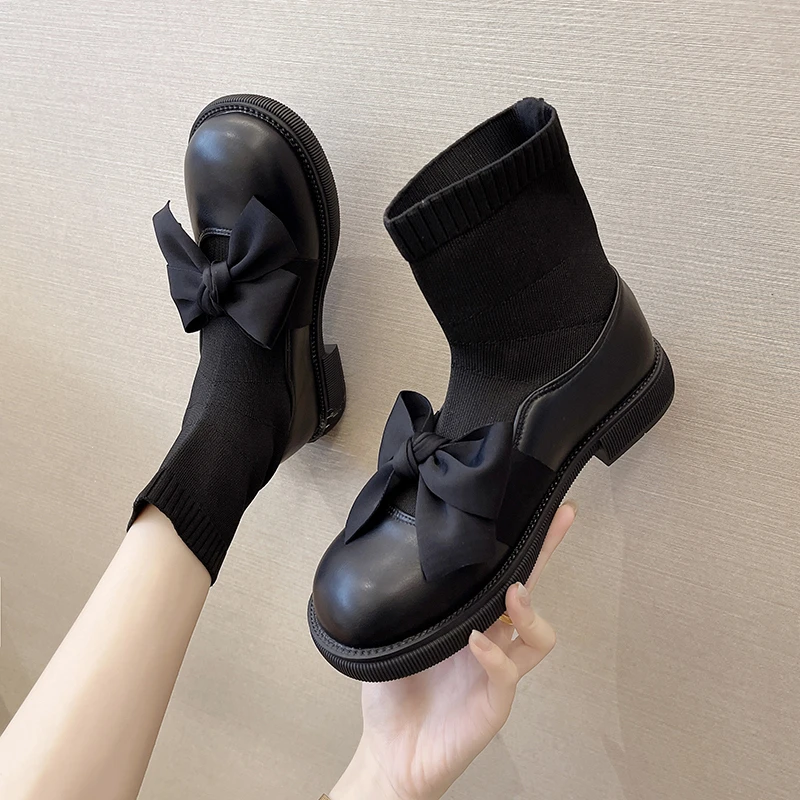 

Knitted Stretch Short Boots Women 2022 New All-match Flat Bow Small Leather Shoes Fashion Cute Kawaii Girl Square Heel Gothic