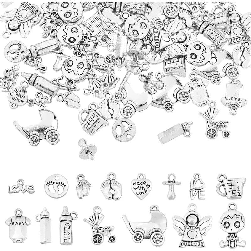 Tibetan Style Alloy Pendants 15 Styles Antique Charms for Birth Christening Shower Gifts Making, Mixed Shapes