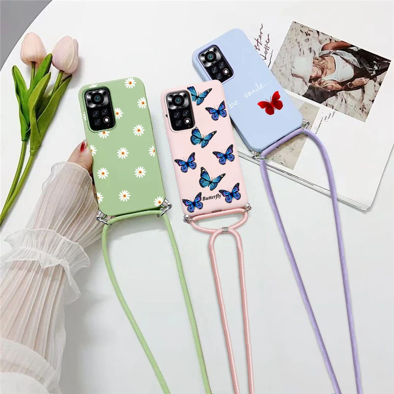 z silikonową smyczą do Xiaomi Redmi Note 11 Globalny pasek na szyję Pokrowiec sznurek Pro 5G 11S