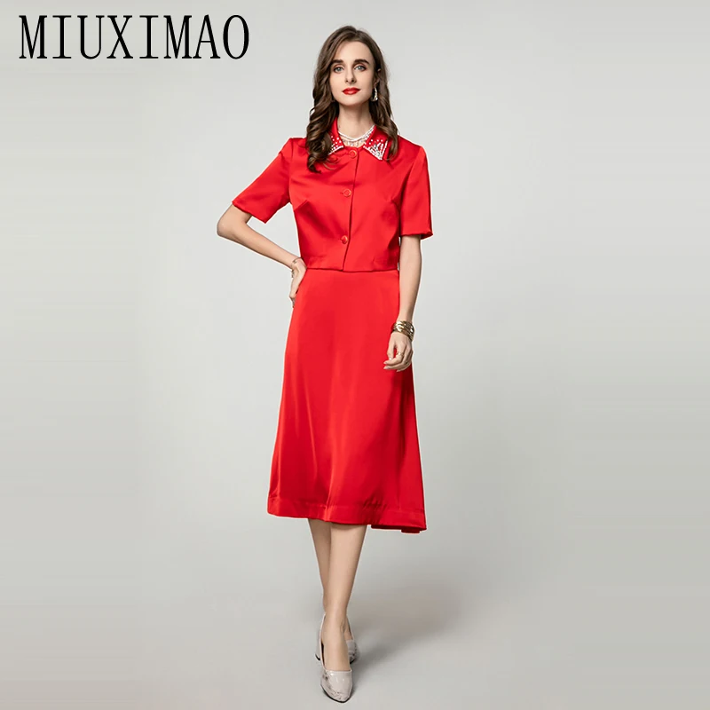 MIUXIMAO 2025 весенне-осенний комплект из двух предметов, модный тонкий топ с рукавами и бриллиантами + длинное платье, офисный женский костюм, женские платья (art.: 3920cd342b488) - 3920cd342b488