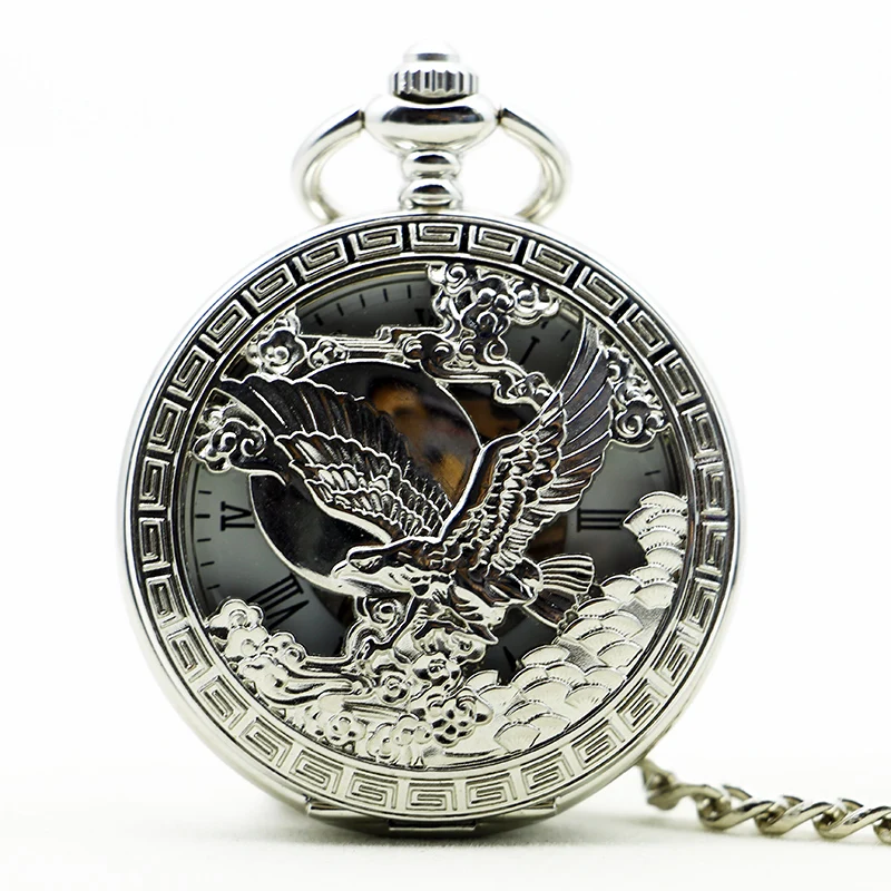 

Retro Mechanical Pocket Watch Embossed Flying Eagle Hollow Flip Roman Numerals With Chain Pendant Men Women Students Gift