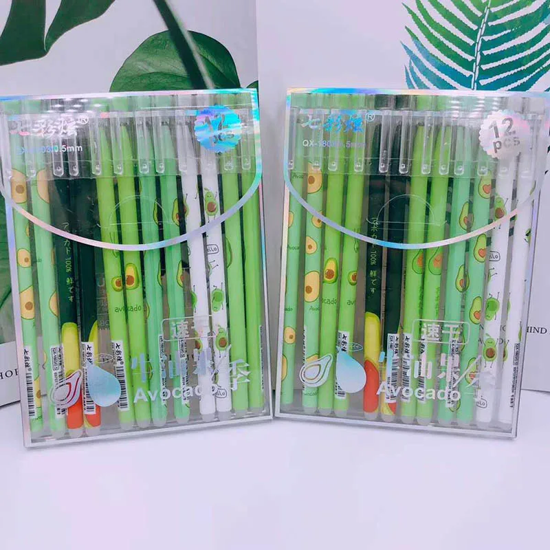 

12 шт./компл. пластиковые нейтральные ручки с фруктовым узором, моющаяся гелевая ручка, подарок для детей, милые школьные принадлежности с че...