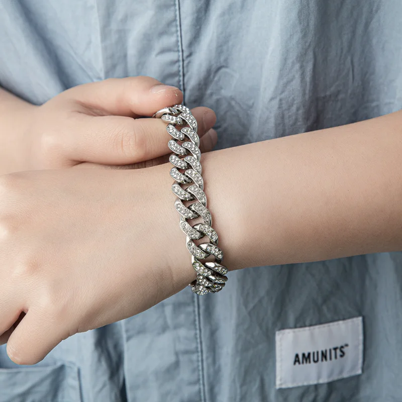 Europe and The United States Simple Fashion Zircon Cuba Ins Hip-hop Tide Personality Men and Women Titanium Steel Bracelet