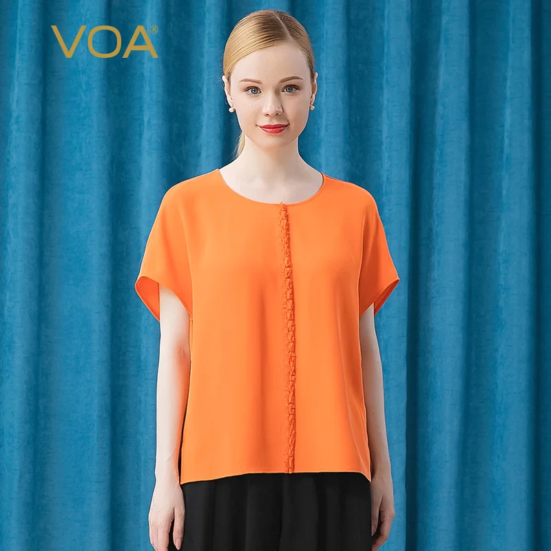 

(Распродажа) VOA тяжелый шелк 30 м/м оранжевый круглый вырез рукав реглан деревянный край уха три простые футболки для женщин BE379