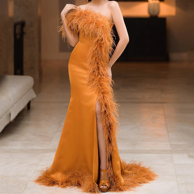 

Оранжевое сексуальное длинное вечернее платье без бретелек, атласное платье с перьями и высоким разрезом сбоку, юбка-годе, свадебные платья