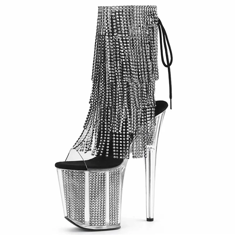 

Pole Dance Shoes Rhinestone Fringe Ankle Platform Boots Peep Toe Sexy Fetish 20Cm Nightclub Stripper Heels Women Lacing 7Inch