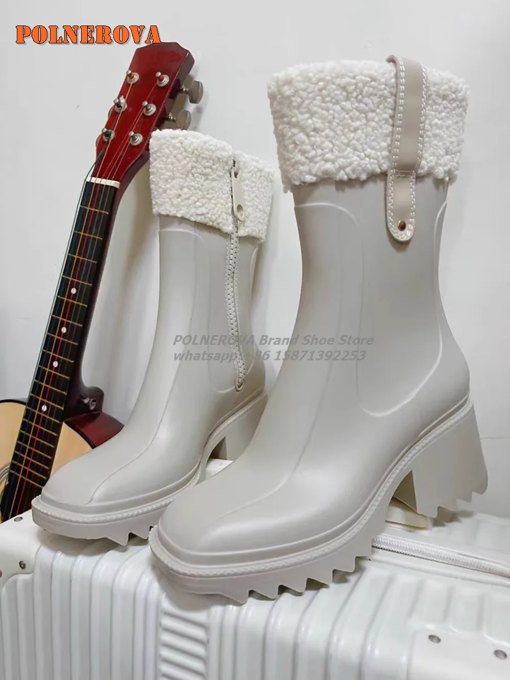 Теплые зимние сапоги с мехом боковой молнией квадратный носок на блочном каблуке