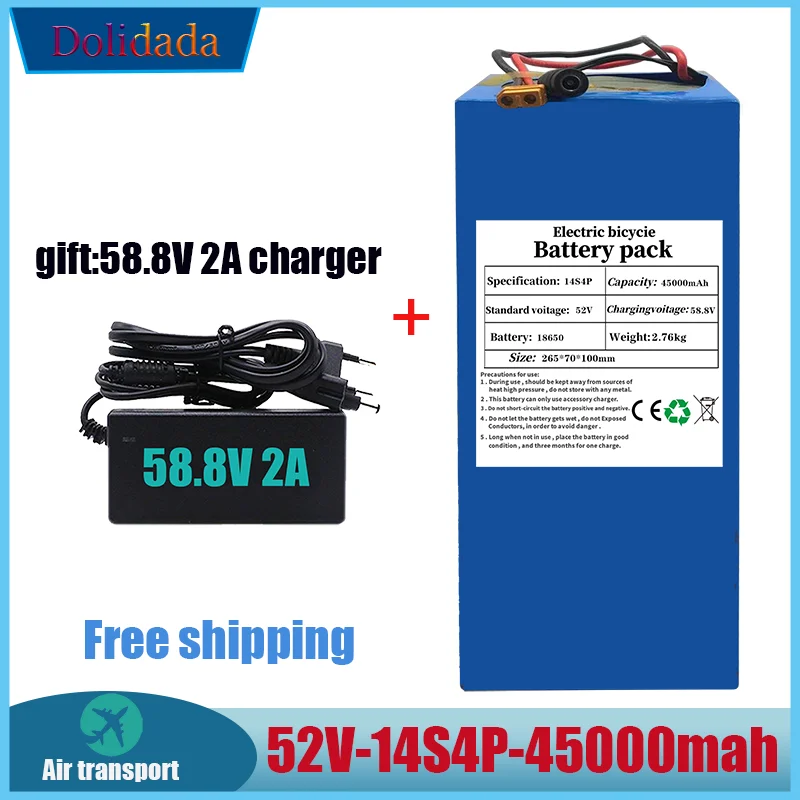 

high capacity 52V 14S4P 45000mAh 18650 1000W lithium battery for balance car, electric bicycle, scooter, tricycle