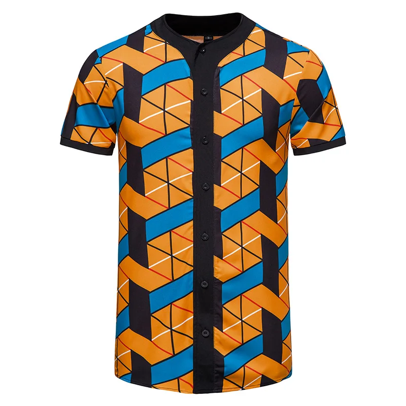 

African Clothes Men African Dashiki Print Baseball Team Jersey Button Down Shirts Short Sleeve Hipster Hip Hop Sports Uniforms