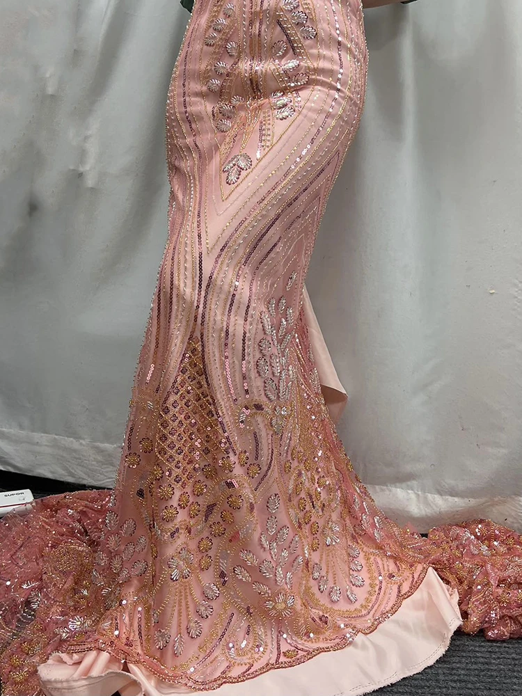 

Персиковая африканская кружевная ткань с блестками 2023 Высококачественная вышивка бисером нигерийский французский тюль кружевной материал для свадебного платья