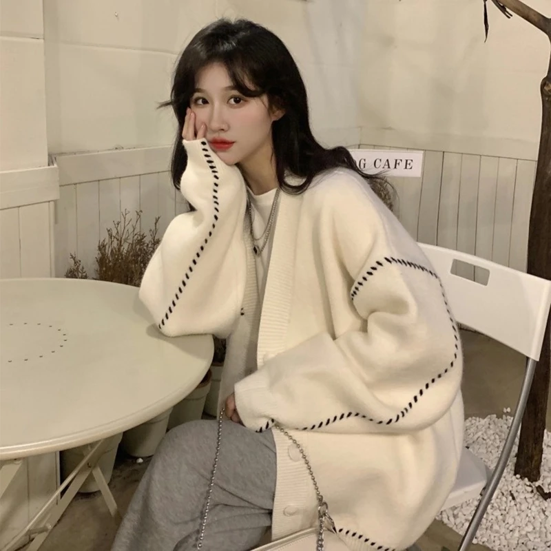 

Women Fashion Korean Style Knitted Sweater Lady's Summer Printed Casual Kawaii Japanese Polo Vintage Sweater Jacket Y2K Clothing