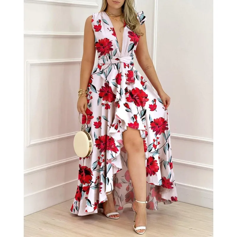 Женское длинное платье с принтом элегантное без рукавов высокой талией и