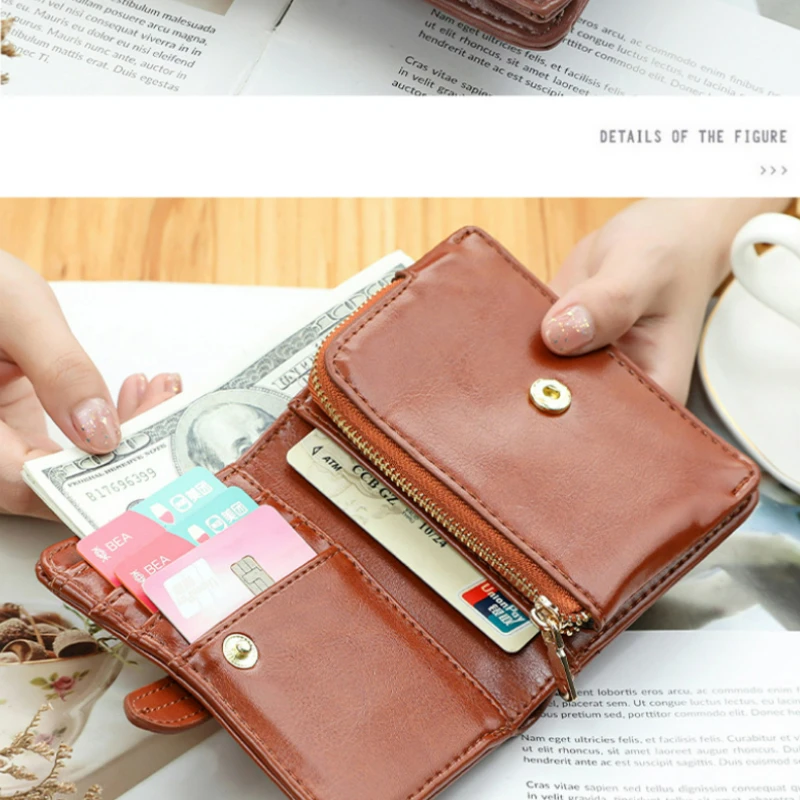 Women's Wallet 2023 New Vintage Oil Wax Folding Simple PU Ultra-thin Small Money Clip Card Bag Female